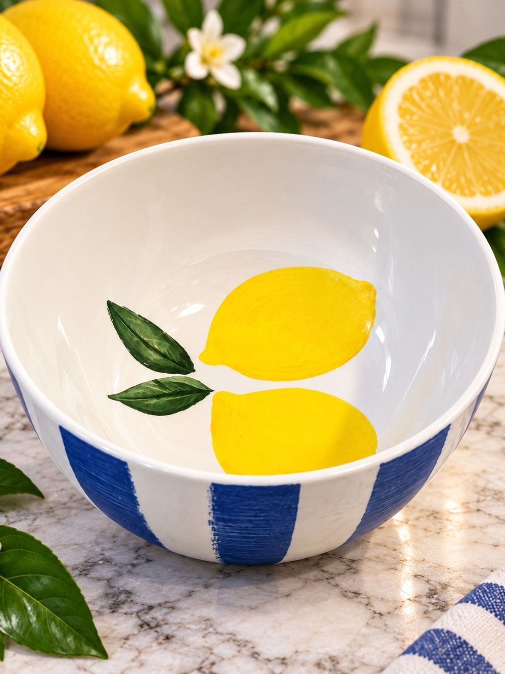 Hand-Painted Lemon Ceramic SmBowl - Yellow & Blue - NWT
